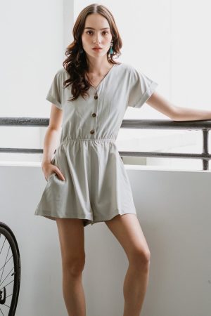 ACW Button Down Elastic Waist Romper in Sage