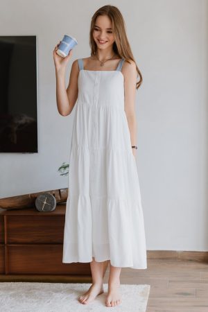 ACW Colourblock Strap Button Down Tiered Maxi Dress in White