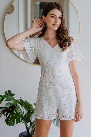 ACW Eyelet Flutter Sleeve Romper in White