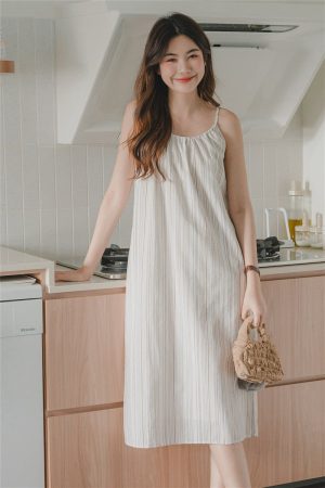 ACW Pinstripe Curve Neckline Midi Dress in Brown