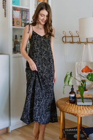 ACW Sketch Floral Tie Strap Maxi Dress in Black