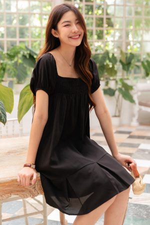 *BACK IN STOCK* ACW Puff Sleeve Smock Babydoll Dress in Black
