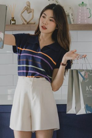 ACW Coloured Stripes Collar Knit Top in Navy