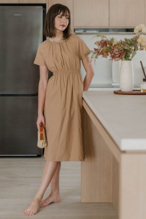 ACW Ruched Neckline Elastic Waist Midi Swing Dress in Khaki Brown