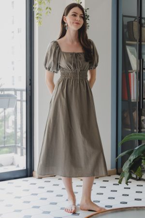 ACW Linen Elastic Waist Puff Sleeve Midi Dress in Olive