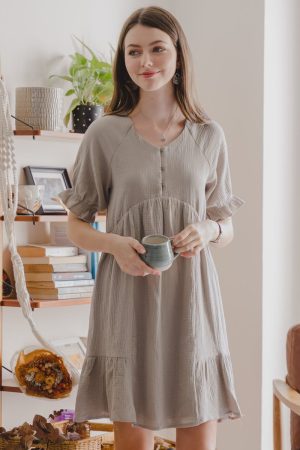 ACW Textured Puff Sleeve Babydoll Dress in Grey