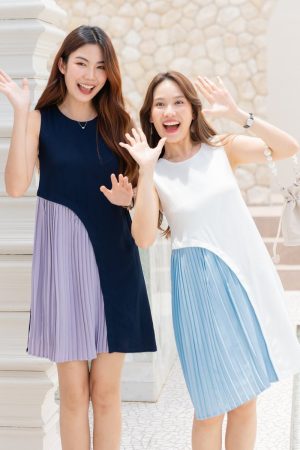 ACW Colourblock Curve Pleats Trapeze Dress in White