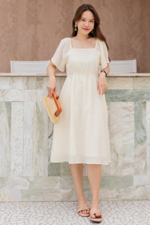 ACW Square Neck Elastic Waist Flowy Midi Dress in Ivory
