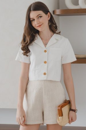 ACW Structured Linen Camp Collar Crop Shirt in White