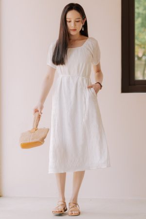ACW Texture Square Grid Sash Midi Dress in White