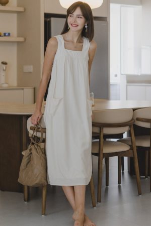 ACW Double Pocket Square Neck Midi Dress in Ivory